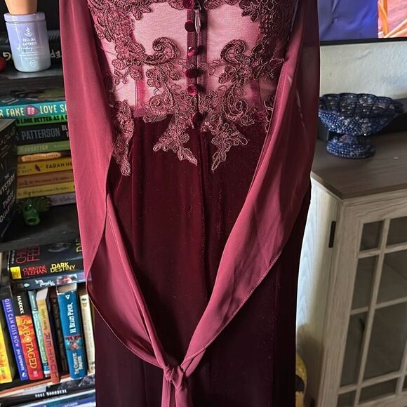 Azazie Size 2 Burgundy formal Gown Velvet lace formal dress bridesmaid prom - Picture 9 of 11